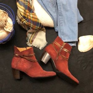 Sundance maroon suede booties with bronze straps